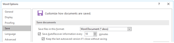 click the save option on word options