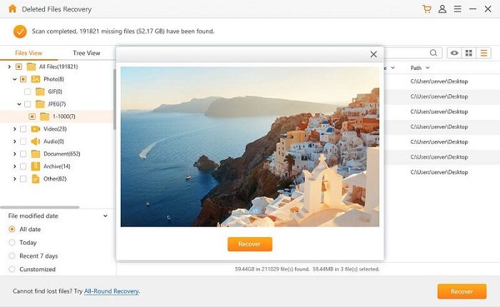 preview deleted files and click recover button