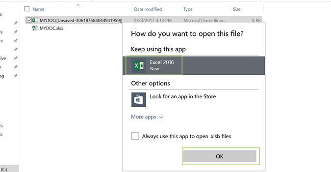select excel 2016 to open deleted excel file