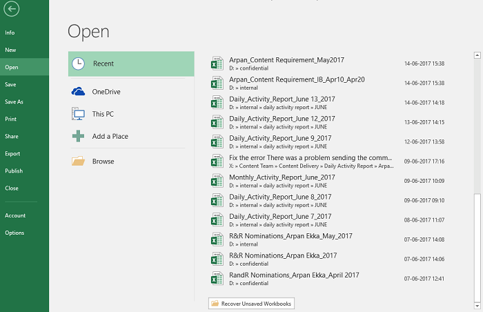 recover unsaved excel file from recent option