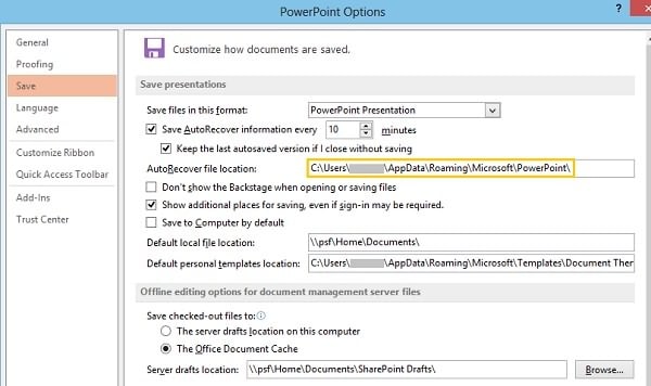 check the autorecover file location of powerpoint