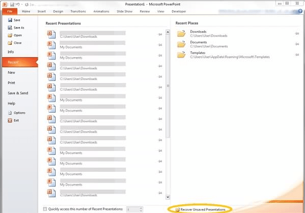 recover powerpoint from recent option