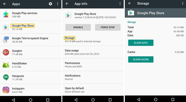 clear data and cache of google play store