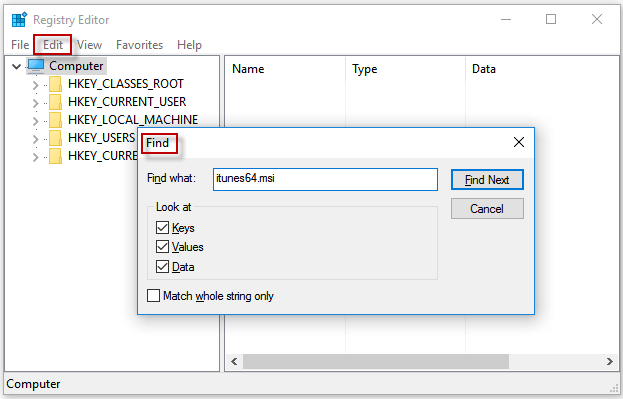 type itunes64.msi in registry editor