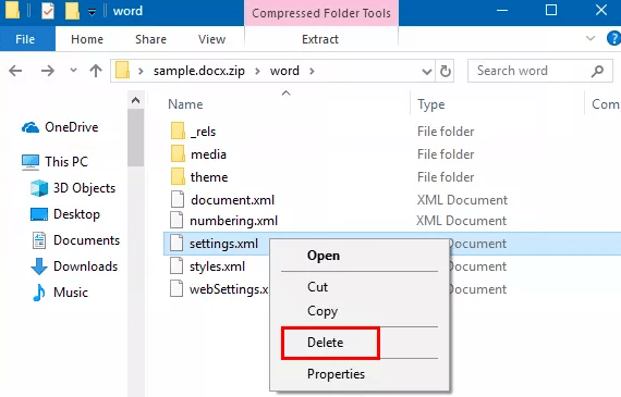 delete settings xml in word folder