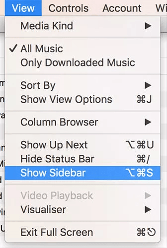 choose show sidebar on itunes