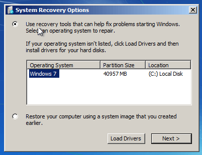 windows 7 appear under system recovery options