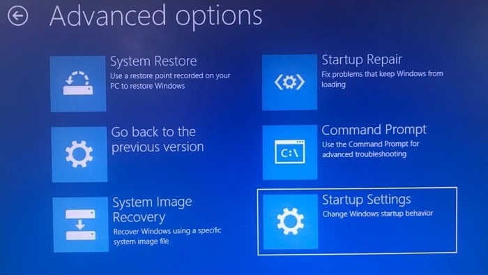select startup settings in advanced options window