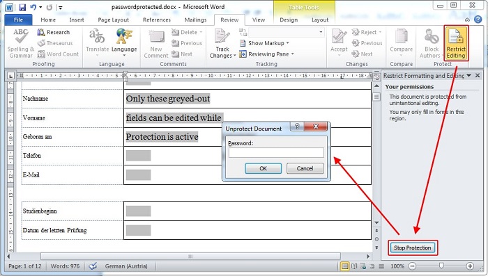 remove password protection of word document