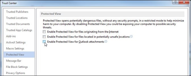 tick enable protected view for outlook attachments