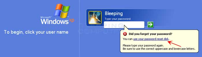 activate password reset wizard for windows xp