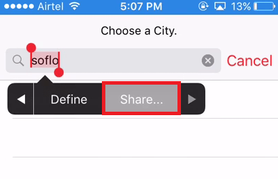 enter anything on the search bar and tap share
