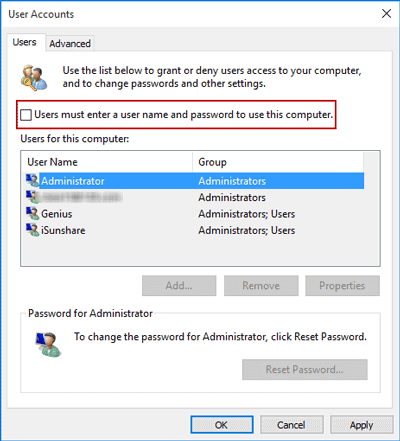 uncheck user must enter a username and password to use the computer