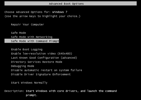 choose safe mode with command prompt