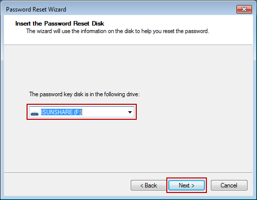 click next after insert password reset disk