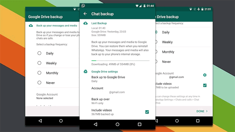 transfer whatsapp messages between android phones with google drive