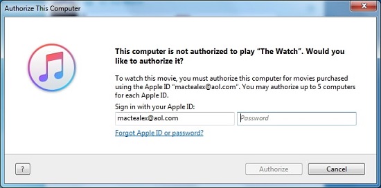authorize this computer with apple id and password