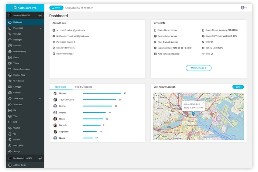 dashboard of kidsguard pro