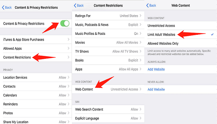 limit adult websites on iphone settings