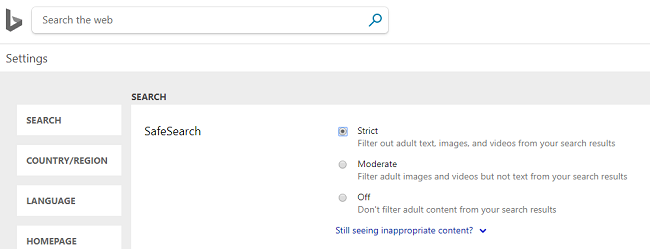 turn on safe search for bing search engine