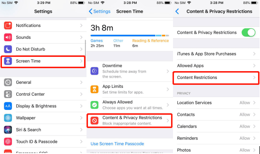 go to content restriction on settings iphone