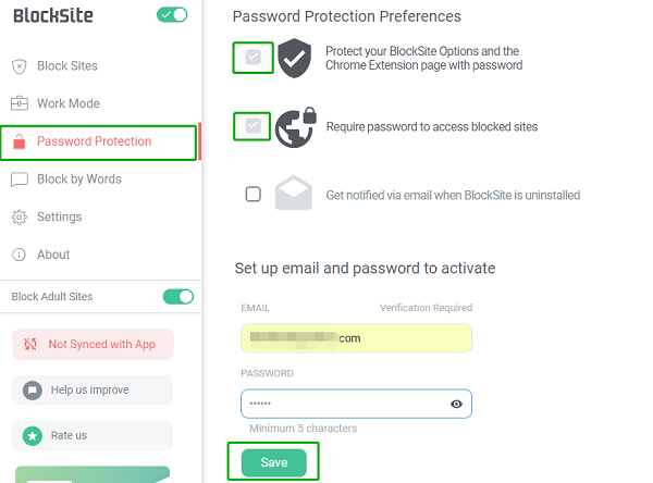 password protection to your block setting