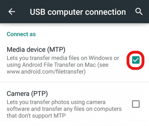 enable file transfer tap media device mtp
