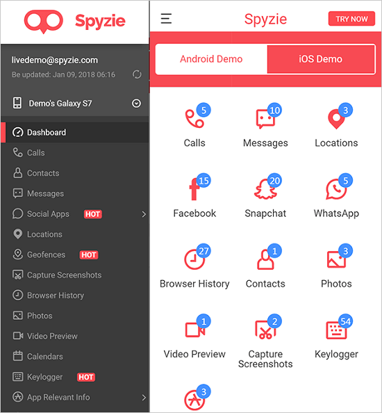 android dashbord of spyzie