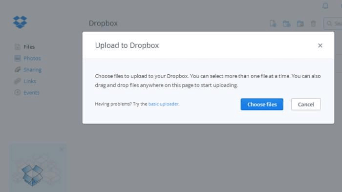 tap choose file button on dropbox