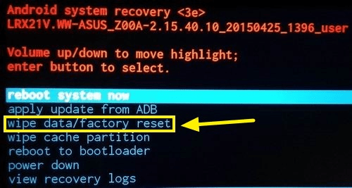 select wipe data factory reset on screen