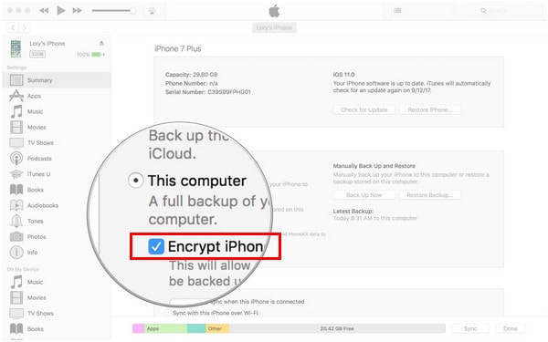 check box to encrypt iphone backup