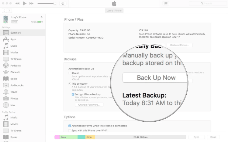 manually backup iphone now