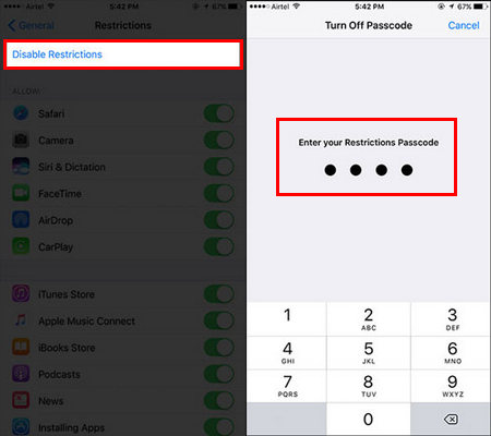 disable restrictions passcode