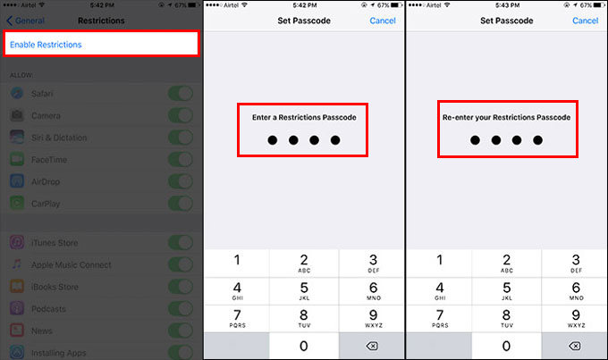 enable and change restrictions passcode