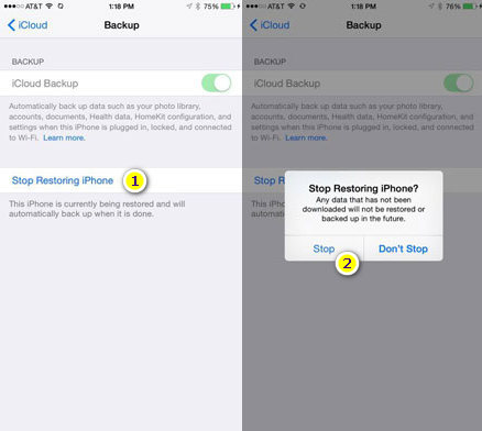 stop restoring iphone icloud