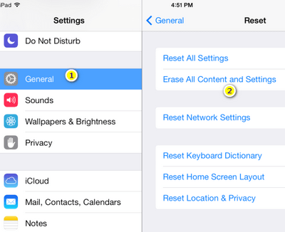 general reset all content and settings