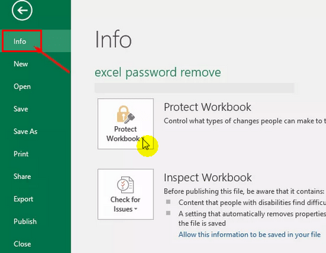click file and select info in excel