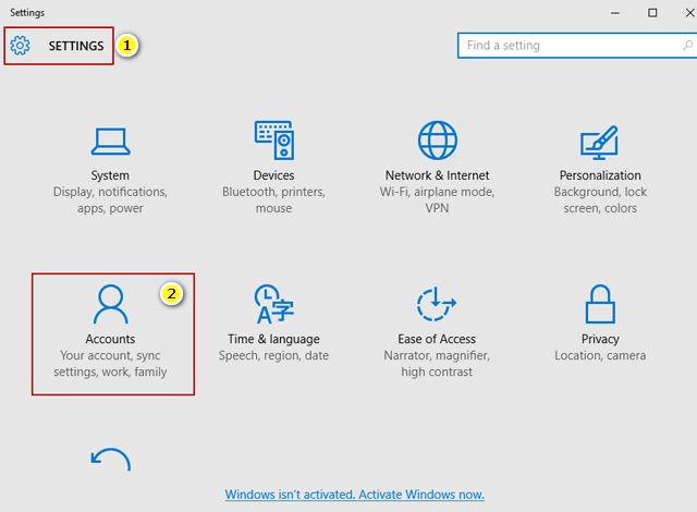 on windows 10 go to settings and select account