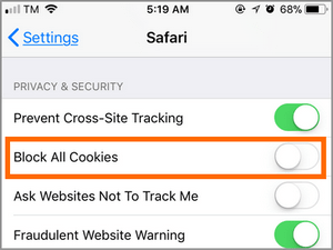 block all cookies safari iphone