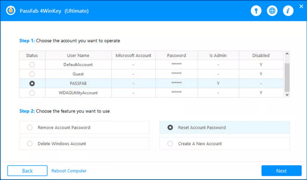 choose reset account password